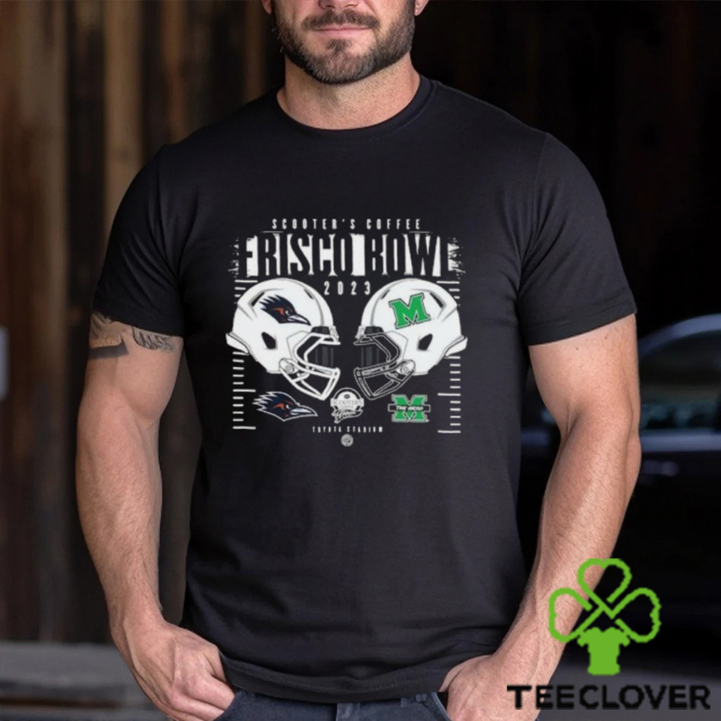 Marshall Thundering Herd vs UTSA Roadrunners Helmet Scooter’s Coffee Frisco Bowl 2023 Toyota Stadium Logo T Shirt Marshall Thundering Herd vs UTSA Roadrunners Helmet Scooter’s Coffee Frisco Bowl 2023 Toyota Stadium Logo T Shirt