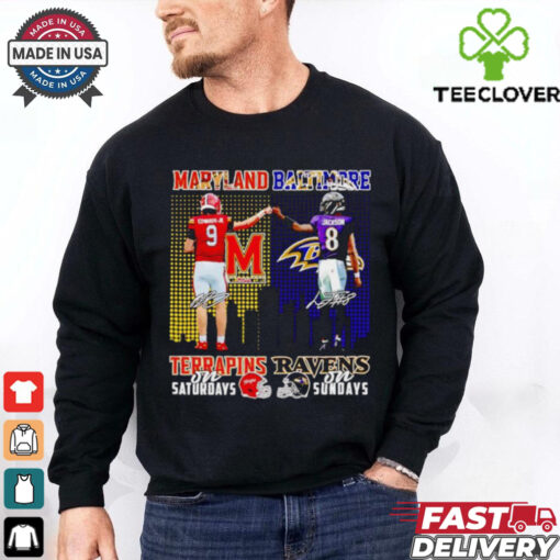 Maryland Terrapins on Saturdays and Baltimore Ravens on Sundays Edwards Jr and Jackson signatures shirt