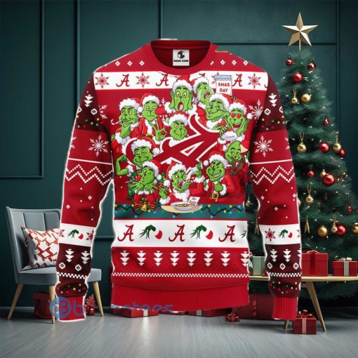 Men And Women Christmas Gift NCAA Alabama Crimson Tide Cute 12 Grinch Face Xmas Day 3D Ugly Christmas Sweater