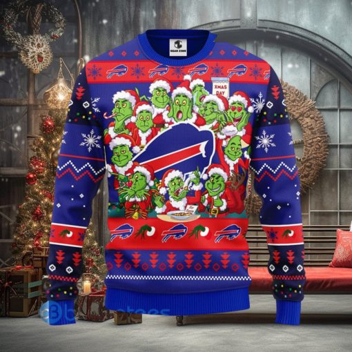 Men And Women Christmas Gift NFL Buffalo Bills Cute 12 Grinch Face Xmas Day 3D Ugly Christmas Sweater