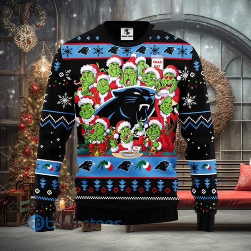 Men And Women Christmas Gift NFL Carolina Panthers Cute 12 Grinch Face Xmas Day 3D Ugly Christmas Sweater