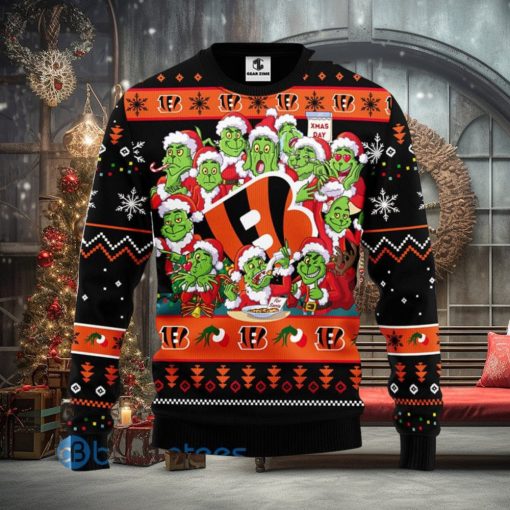 Men And Women Christmas Gift NFL Cincinnati Bengals Cute 12 Grinch Face Xmas Day 3D Ugly Christmas Sweater