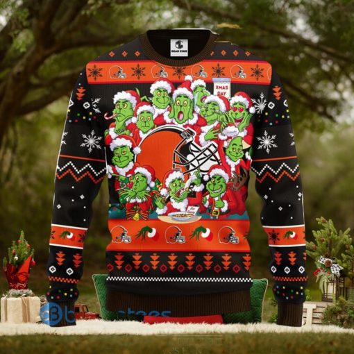 Men And Women Christmas Gift NFL Cleveland Browns Cute 12 Grinch Face Xmas Day 3D Ugly Christmas Sweater