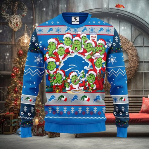 Men And Women Christmas Gift NFL Detroit Lions Cute 12 Grinch Face Xmas Day 3D Ugly Christmas Sweater