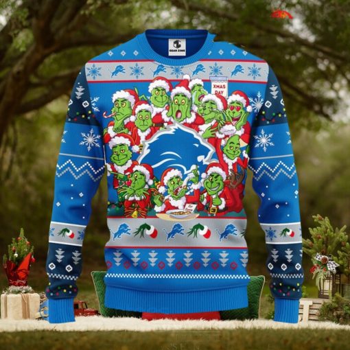 Men And Women Christmas Gift NFL Detroit Lions Cute 12 Grinch Face Xmas Day 3D Ugly Christmas Sweater