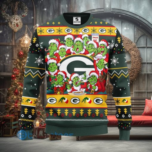 Men And Women Christmas Gift NFL Green Bay Packers Cute 12 Grinch Face Xmas Day 3D Ugly Christmas Sweater