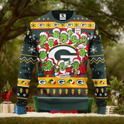 Men And Women Christmas Gift NFL Green Bay Packers Cute 12 Grinch Face Xmas Day 3D Ugly Christmas Sweater