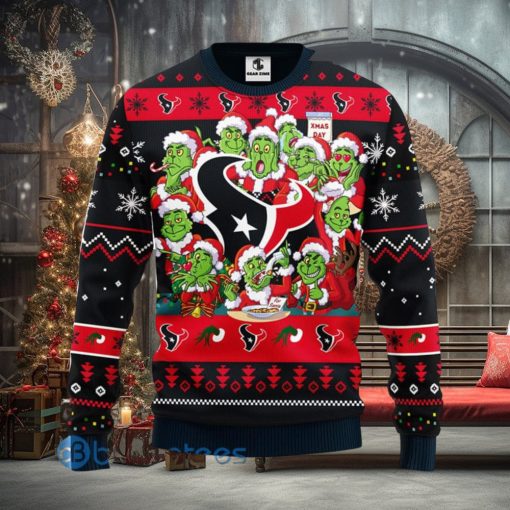 Men And Women Christmas Gift NFL Houston Texans Cute 12 Grinch Face Xmas Day 3D Ugly Christmas Sweater