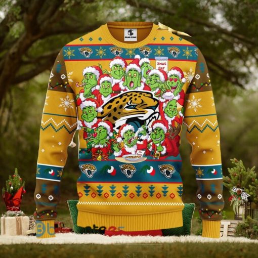 Men And Women Christmas Gift NFL Jacksonville Jaguars Cute 12 Grinch Face Xmas Day 3D Ugly Christmas Sweater