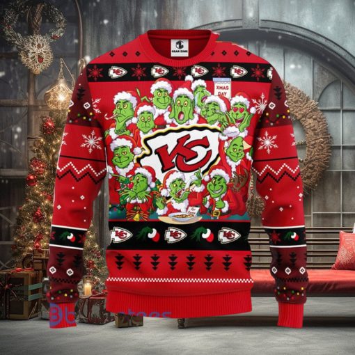 Men And Women Christmas Gift NFL Kansas City Chiefs Cute 12 Grinch Face Xmas Day 3D Ugly Christmas Sweater