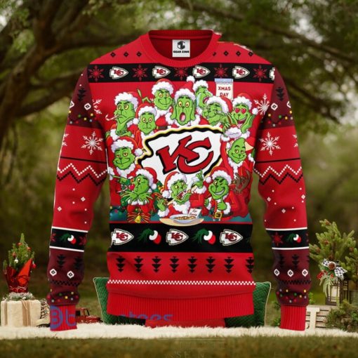 Men And Women Christmas Gift NFL Kansas City Chiefs Cute 12 Grinch Face Xmas Day 3D Ugly Christmas Sweater