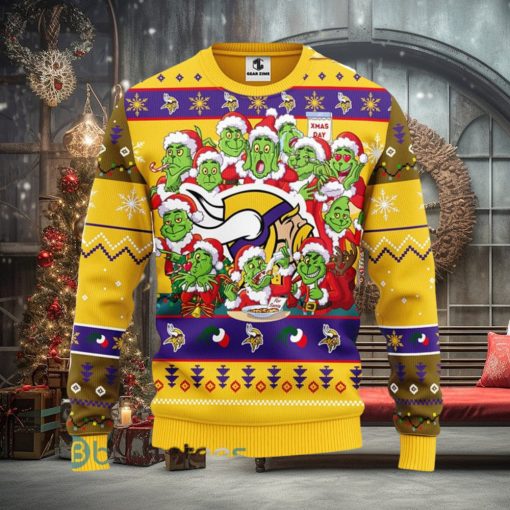 Men And Women Christmas Gift NFL Minnesota Vikings Cute 12 Grinch Face Xmas Day 3D Ugly Christmas Sweater