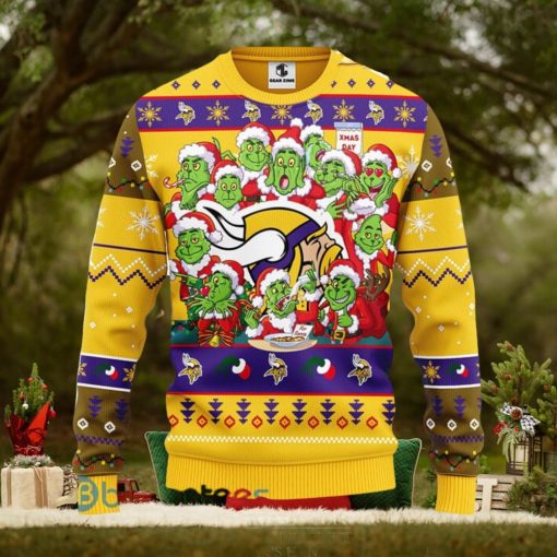 Men And Women Christmas Gift NFL Minnesota Vikings Cute 12 Grinch Face Xmas Day 3D Ugly Christmas Sweater