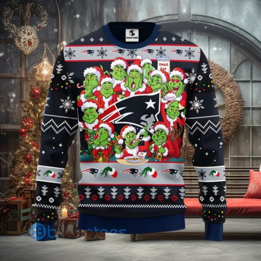 Men And Women Christmas Gift NFL New England Patriots Cute 12 Grinch Face Xmas Day 3D Ugly Christmas Sweater