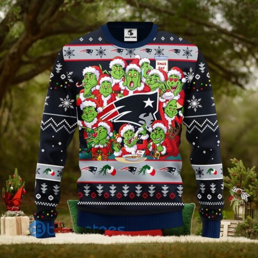 Men And Women Christmas Gift NFL New England Patriots Cute 12 Grinch Face Xmas Day 3D Ugly Christmas Sweater