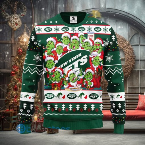 Men And Women Christmas Gift NFL New York Jets Cute 12 Grinch Face Xmas Day 3D Ugly Christmas Sweater