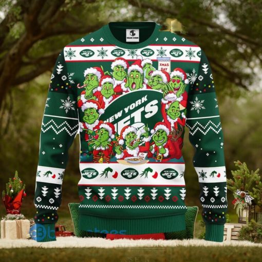 Men And Women Christmas Gift NFL New York Jets Cute 12 Grinch Face Xmas Day 3D Ugly Christmas Sweater
