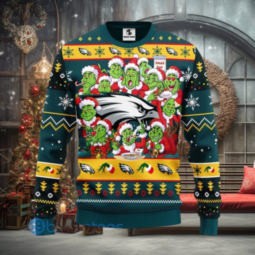 Men And Women Christmas Gift NFL Philadelphia Eagles Cute 12 Grinch Face Xmas Day 3D Ugly Christmas Sweater