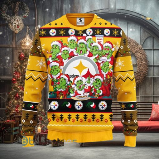 Men And Women Christmas Gift NFL Pittsburgh Steelers Cute 12 Grinch Face Xmas Day 3D Ugly Christmas Sweater