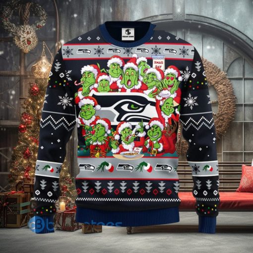 Men And Women Christmas Gift NFL Seattle Seahawks Cute 12 Grinch Face Xmas Day 3D Ugly Christmas Sweater