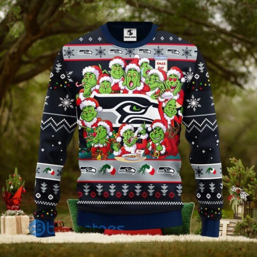 Men And Women Christmas Gift NFL Seattle Seahawks Cute 12 Grinch Face Xmas Day 3D Ugly Christmas Sweater