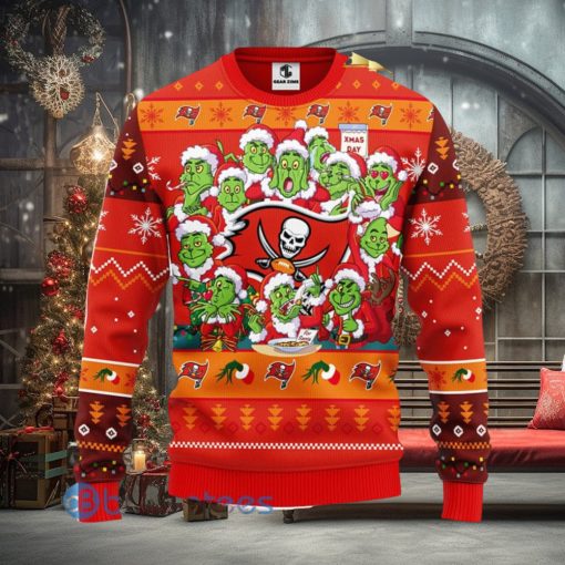 Men And Women Christmas Gift NFL Tampa Bay Buccaneers Cute 12 Grinch Face Xmas Day 3D Ugly Christmas Sweater