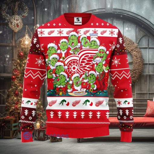 Men And Women Christmas Gift NHL Detroit Red Wings Cute 12 Grinch Face Xmas Day 3D Ugly Christmas Sweater