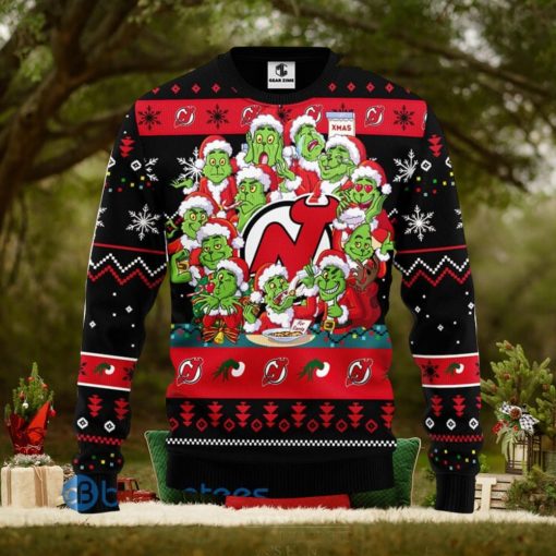 Men And Women Christmas Gift NHL New Jersey Devils Cute 12 Grinch Face Xmas Day 3D Ugly Christmas Sweater