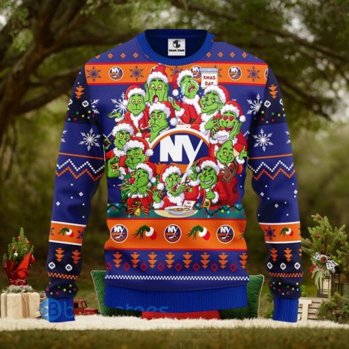 Men And Women Christmas Gift NHL New York Islanders Cute 12 Grinch Face Xmas Day 3D Ugly Christmas Sweater