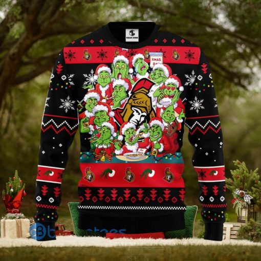 Men And Women Christmas Gift NHL Ottawa Senators Cute 12 Grinch Face Xmas Day 3D Ugly Christmas Sweater