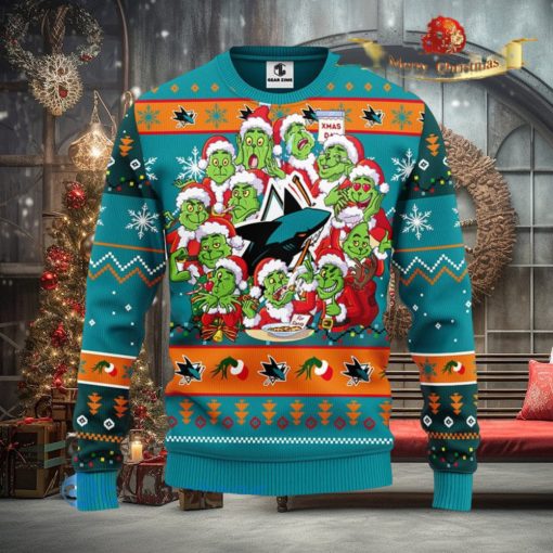 Men And Women Christmas Gift NHL San Jose Sharks Cute 12 Grinch Face Xmas Day 3D Ugly Christmas Sweater
