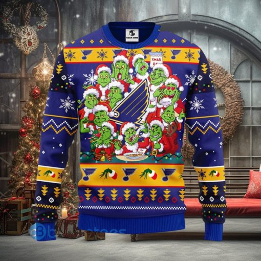 Men And Women Christmas Gift NHL St. Louis Blues Cute 12 Grinch Face Xmas Day 3D Ugly Christmas Sweater