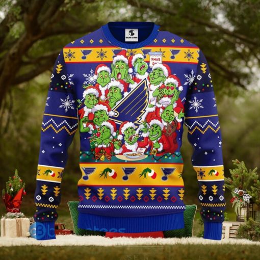 Men And Women Christmas Gift NHL St. Louis Blues Cute 12 Grinch Face Xmas Day 3D Ugly Christmas Sweater