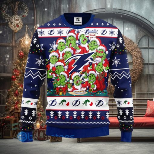 Men And Women Christmas Gift NHL Tampa Bay Lightning Cute 12 Grinch Face Xmas Day 3D Ugly Christmas Sweater