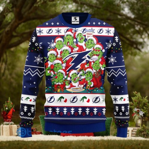 Men And Women Christmas Gift NHL Tampa Bay Lightning Cute 12 Grinch Face Xmas Day 3D Ugly Christmas Sweater