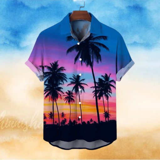 Men’s Casual Tropical Palms Print Short Sleeve Shirt Button Down Shirt