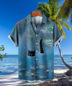 Men’s Hawaiian Shirt Garden Water Lily and Black Cat Print Short Sleeve T Shirt