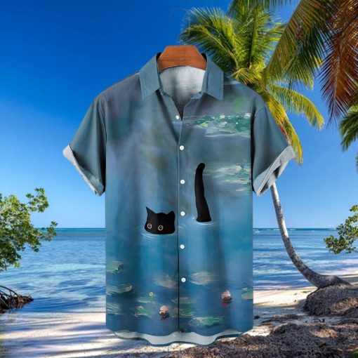 Men’s Hawaiian Shirt Garden Water Lily and Black Cat Print Short Sleeve T Shirt