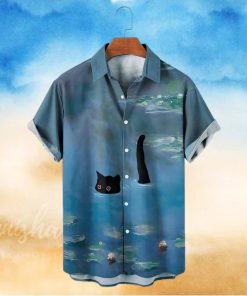 Men’s Hawaiian Shirt Garden Water Lily and Black Cat Print Short Sleeve T Shirt