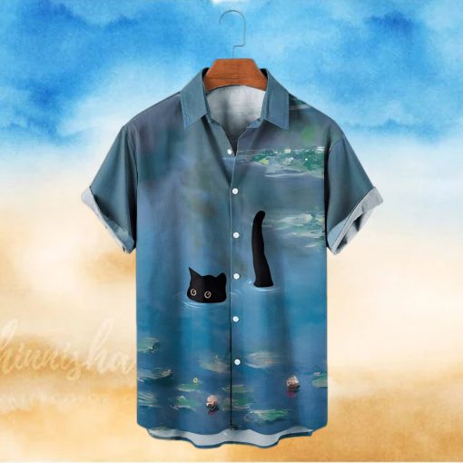 Men’s Hawaiian Shirt Garden Water Lily and Black Cat Print Short Sleeve T Shirt