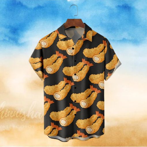 Men’s Hawaiian Shirts Japanese Tempura Shrimp Chest Pocket Short Sleeve Casual Shirt