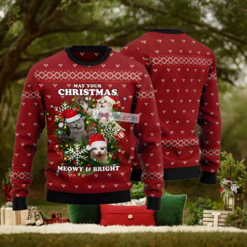 Meowy And Bright Xmas Wreath Red Funny Ugly Sweater