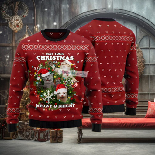 Meowy And Bright Xmas Wreath Red Funny Ugly Sweater