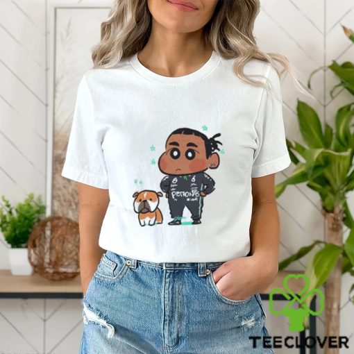 Mercedes AMG F1 Driver Lewis Hamilton And His Dog Roscoe In The Style Of Crayon Shin Chan Unisex T shirt