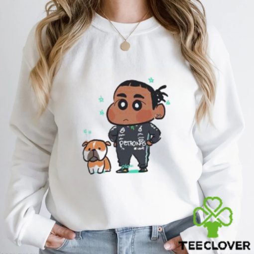 Mercedes AMG F1 Driver Lewis Hamilton And His Dog Roscoe In The Style Of Crayon Shin Chan Unisex T shirt