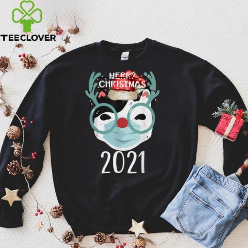 Merry Christmas Cat With Mask Xmas 2021 Funny Christmas T Shirt