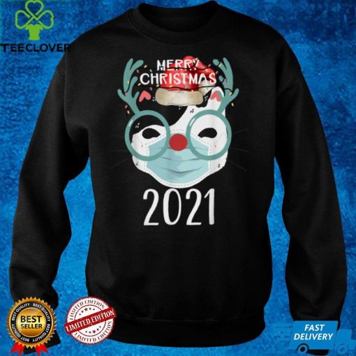 Merry Christmas Cat With Mask Xmas 2021 Funny Christmas T Shirt