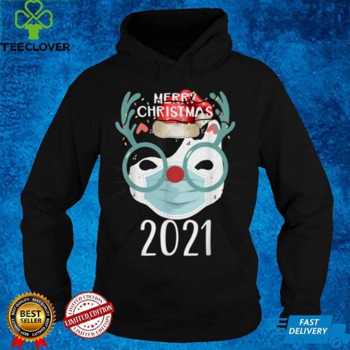 Merry Christmas Cat With Mask Xmas 2021 Funny Christmas T Shirt