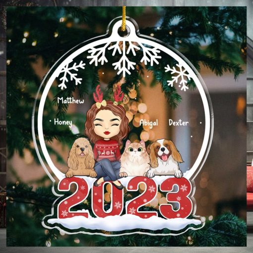 Merry Christmas Dog & Cat Personalized Custom Ornament Acrylic Snow Globe Shaped Christmas Gift For Pet Owners, Pet Lovers