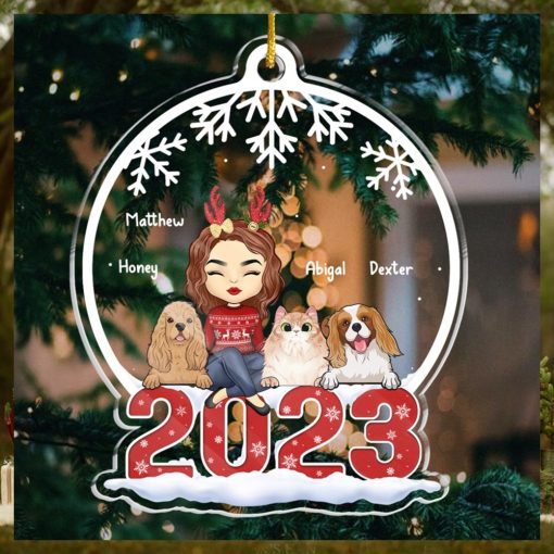 Merry Christmas Dog & Cat Personalized Custom Ornament Acrylic Snow Globe Shaped Christmas Gift For Pet Owners, Pet Lovers